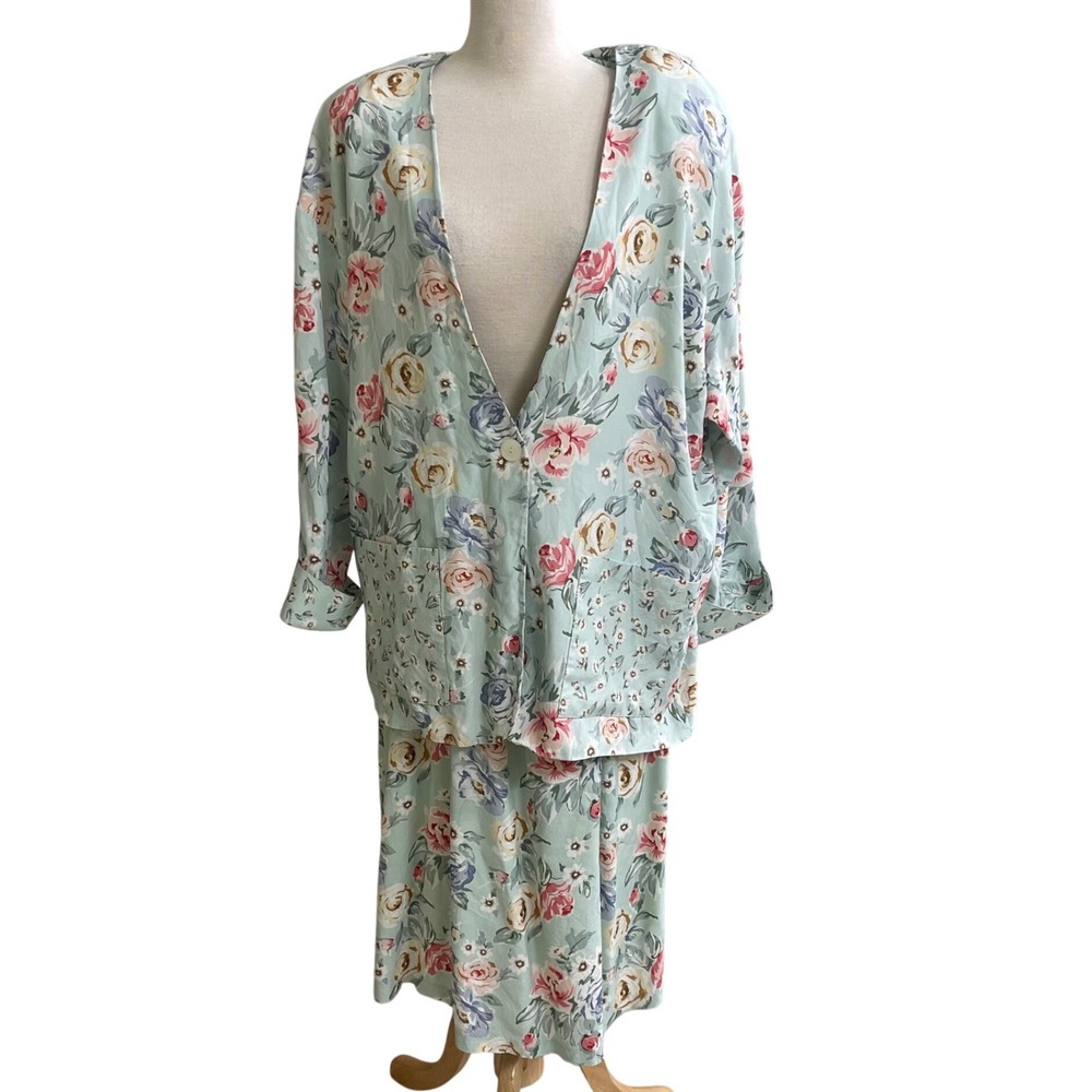 Ali Miles Petites Floral Print Two Piece Outfit‎ Top Skirt Size 14 vintage USA